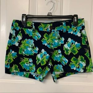 Merona Women's Black & Blue Floral Mid Rise Flat Front Chino Shorts 100% Cotton